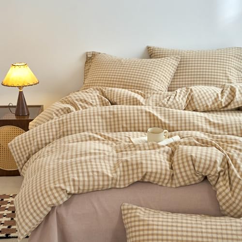 Image of EAVD Vintage Style Brown&Beige Plaid Duvet Cover Full Soft 100% Washed Cotton Chic Checkered Gingham Bedding Set with 2 Pillowcases Farmhouse Brown Gingham Duvet Cover with Zipper Closure