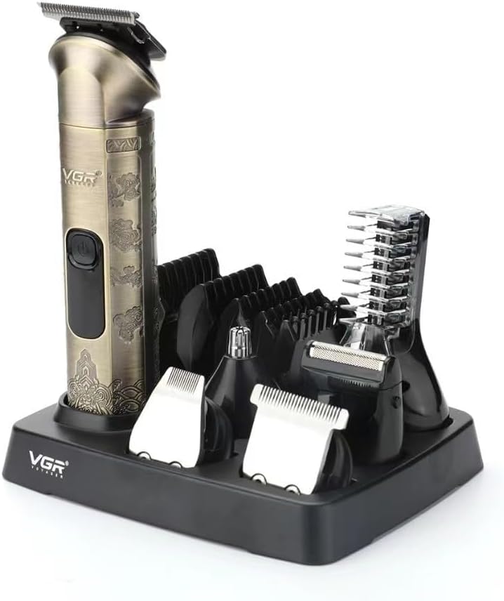 The VGR V-109 trimmer placed on its charging stand, surrounded by various detachable heads and guide combs.