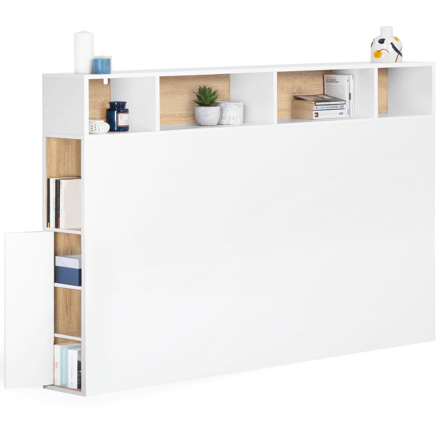 IDMarket - Tête de lit sur Pied Cleo 165 cm avec rangements fermés et niches Blanc et façon hêtre