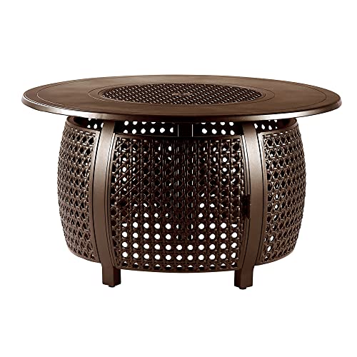 Image of Oakland Living Round 44 in. x 44 in. Aluminum Propane Fire Pit Table with Glass Beads, Two Covers, Lid, 57,000 BTUs in Brown Finish