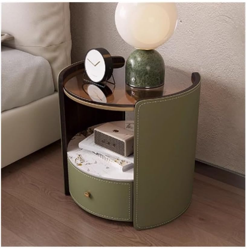 Side Table Cylindrical Nightstand Small Home Wooden Bedside Table Leather Single Drawer Metal Pull Storage Furniture Dark Green Storage Shelf