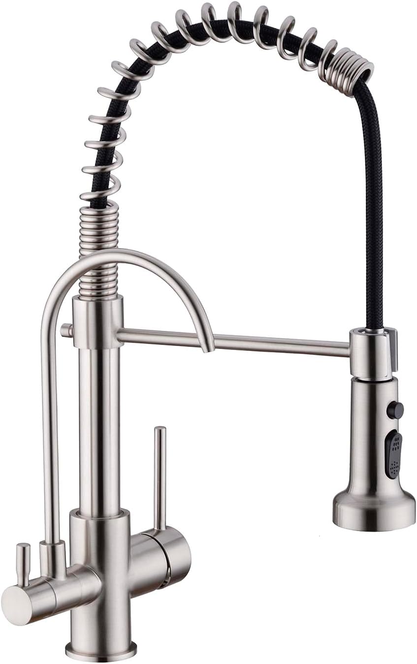 TUTEW Kitchen Faucet with Pull Down Sprayer, Kitchen Sink Faucet with Drinking Water Faucet,2 Handle 3 in 1 Water Filter Purifier Faucets,Brushed Nickel