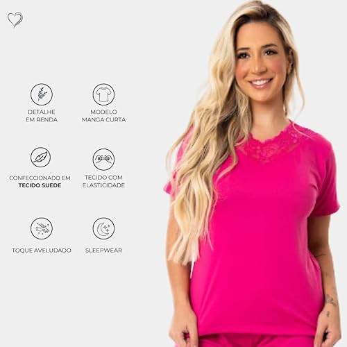 Pijama Feminino Manga curta e Capri Suede Confortável (BR, Alfa, GG, Regular, Regular, Pink)
