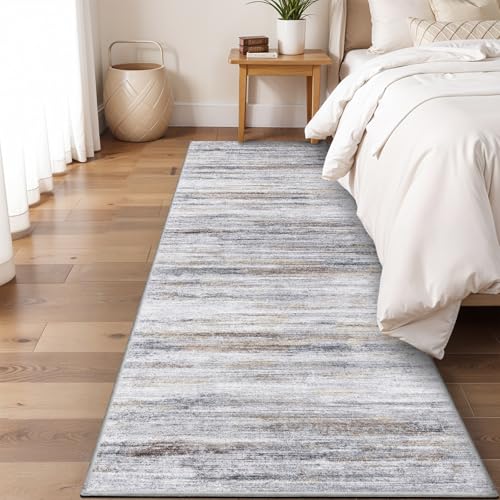 3x8 Washable Runner Rug for Family: Easy-to-Clean Runners for Hallway Entryway Kitchen Bedroom - Stain and Water Resistant Rugs with Non-Slip Backing - Soft Low-Pile Carpet Beige Grey