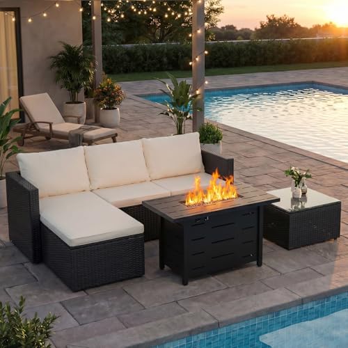 JAMFLY Patio Furniture Sets, 4-Piece Outdoor Patio Furniture with 43'' Propane Gas Fire Pit Table, Wicker Outdoor Conversation Set Sectional Sofa for Backyard, Poolside, Garden(Beige Cushion)