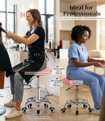 Image of Adjustable Rolling Stool with Wheels 500lb Heavy Duty Round Rolling Stool with Footrest, Patent Leather Drafting Stool Chair with Wheels Work Spa Salon Seat（Pink）
