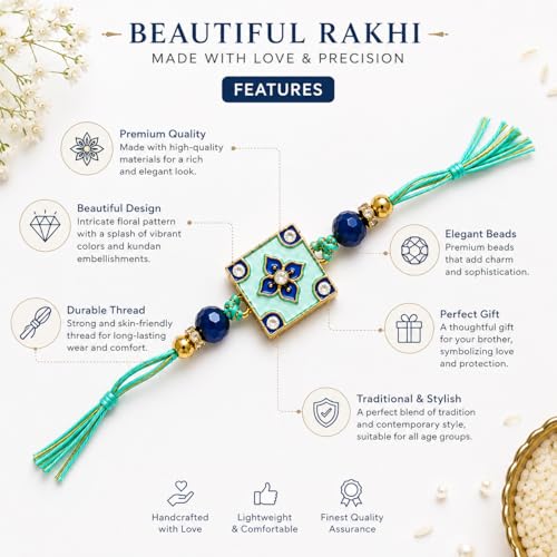 Image of JAIPUR ACE Elegant Blue BRO Designer Rakhi Gift Set with Greeting Card and Roli Chawal Pouch, Premium Brother Rakhi Bracelet, Festive Raksha Bandhan Gift for Brother, Traditional