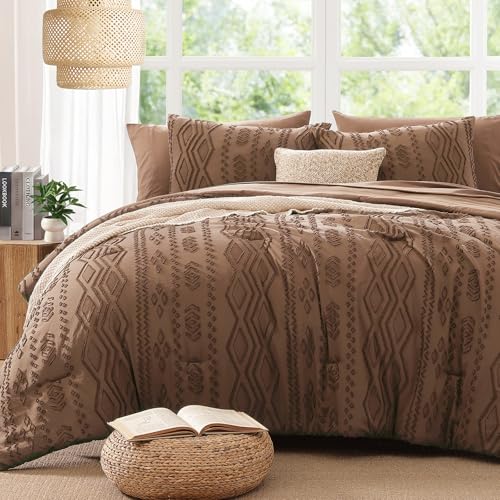 Image of AMBERSPACE King Size Comforter Set Brown, Tufted Farmhouse Bedding Boho Bed Set, All Season 7 Pieces Bed in a Bag with Sheets, Pillowcases & Shams