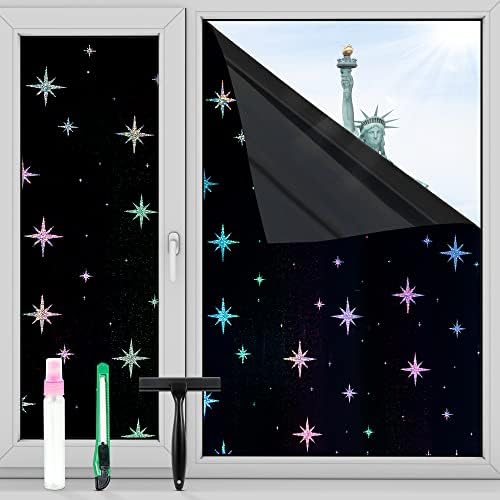 FuFin Total Blackout Window Film with Free Installation Tools, Explosion-Proof PET Material, 100% UV and Light Blocking, Rainbow Star Laser Room Darkening Window Film (Black Star 17.5"×196.9")