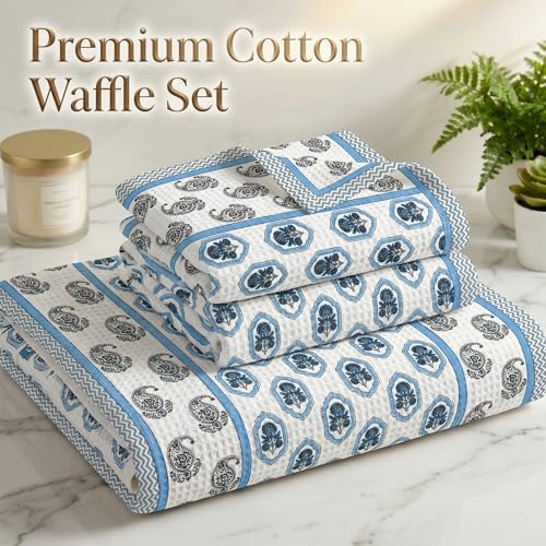 Image of Mafatlal Madhuban Premium Waffle Cotton Set (1 Bath 147x76 cm + 2 Hand 76x38 cm) | 250 GSM | Lightweight, Soft & Hand Printed | Marina