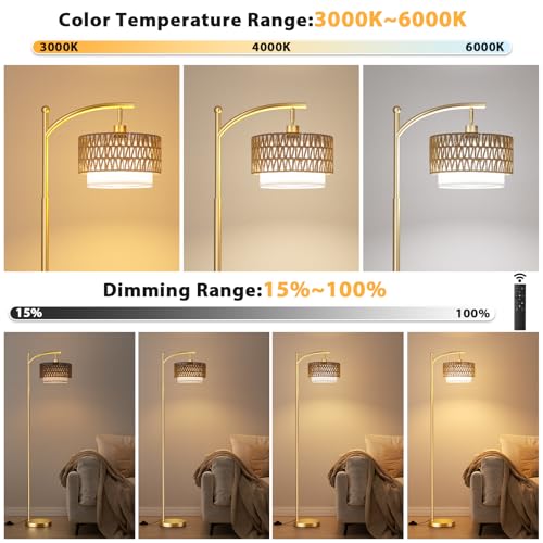 Ambimall Arc Floor Lamp for Living Room with Remote, Color Temperature & Brightness Adjustable, Boho Standing Lamp with Rattan & Fabric Double Drum Shades, Bulb Included(Gold) by Ambimall - Used condition - Image 7