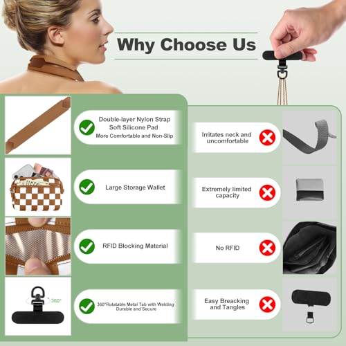 Image of YFWE Clip and Go Strap for Phone with Wallet Crossbody, Adjustable Phone Lanyard with Detachable RFID Wristlet Wallet, Phone Strap with Phone Tabs for All Phones, Bronze Checkered (M)