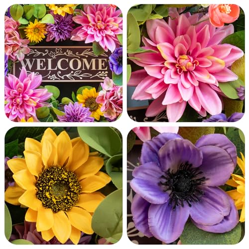 Image of Spring and Summer Wreaths for Front Door 24 Inch Summer Wreath with Lifelike Sunflower,Pink and Purple Dahlia Spring Door Wreath with Welcome Sign,Outdoor Decor