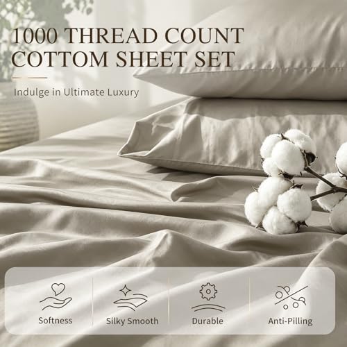 Image of MEISHANG 1000 Thread Count Cotton Sheets Queen Size - 100% Egyptian Cotton, Sateen Weave, Ultra Soft & Breathable Sateen, 16 inch Deep Pockets - 4 Piece (Queen, Khaki)