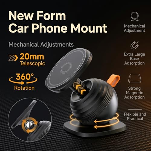 Image of ZORBES Magnetic Car Phone Mount with Metal Plate, 360 Rotatable & Telescopic, Strong Magnet & Super Suction Base, Dashboard Stand for iPhone Android