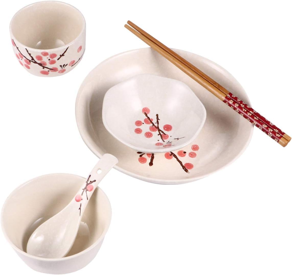 Générique Service de Table Japonais 6 pièces en céramique, Assiette, Bol, Tasse, cuillère, Baguettes, Bols à céréales et Nouilles