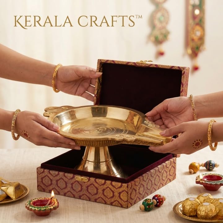 Image of Kerala Crafts Pure Brass Abhishek Patra Tray with PurnaPatra Stand - Mandir Chowki Stool for God Idols |Somasutra Peetam Tirumanjanam Plate for Pooja Rituals - Diwali Pooja Decor (19 x 12 x 9 CM)