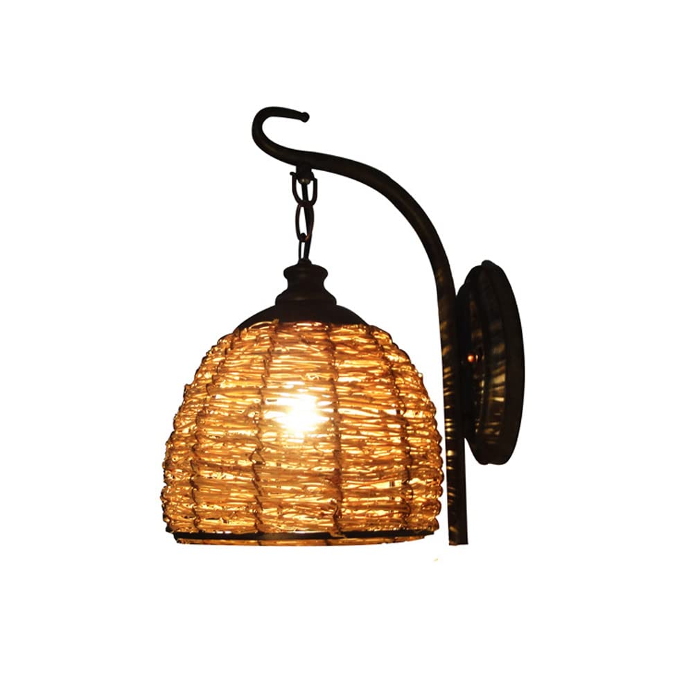 SXSCARKX Farmhouse Wall Sconce Vintage Industrial Mount Light Rattan Lantern Handwoven Lamp, E27 Headboard Lighting Fixtures for Living Room Bedroom Bedside Restaurant