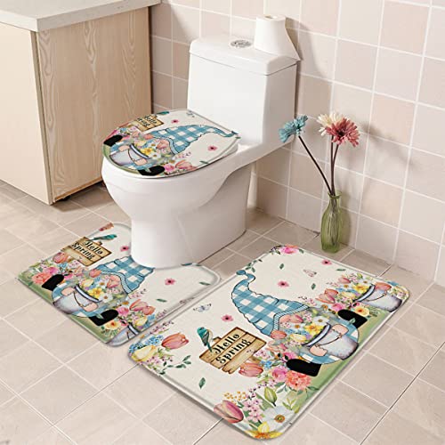 ARTtikke 3-teiliges Badezimmer-Teppich-Set mit Blumen-Zwergen, Frühlings-Leinenmaserung, Badematten-Set, superweich… – Bild 6