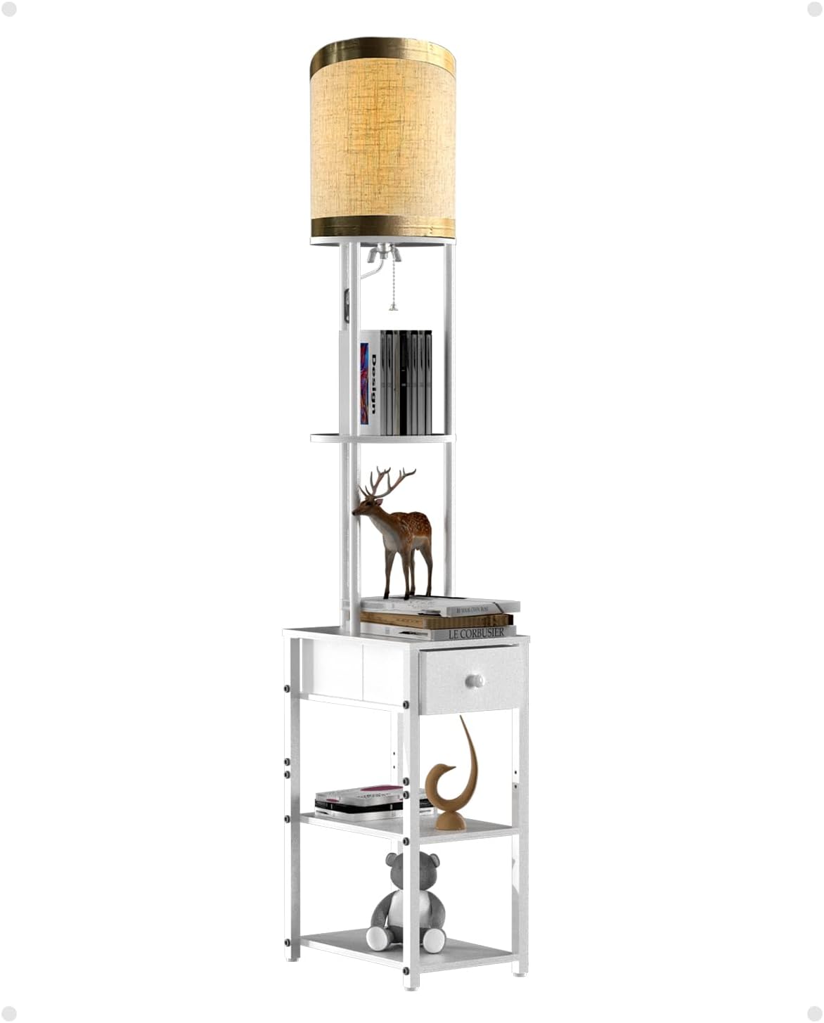 Lightdot 65IN Floor Lamps with Storage Table&Drawer, Corner Shelf Lamps with White End Table and Fabric Shade, Modern Standing Tall Lamp for Living Room/Bedroom/Sofa Beside/Corner Decor(Bulb Included)