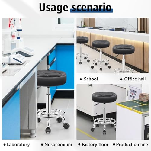 Image of Css Rolling Stool with Wheels, PU Leather Small Office Chair with Foot Rest,Versatile Adjustable 18-23 Inch Swivel Stool for Tattoo Massage Salon Spa Teach Medical Facial Office Home Drafting Kitchen