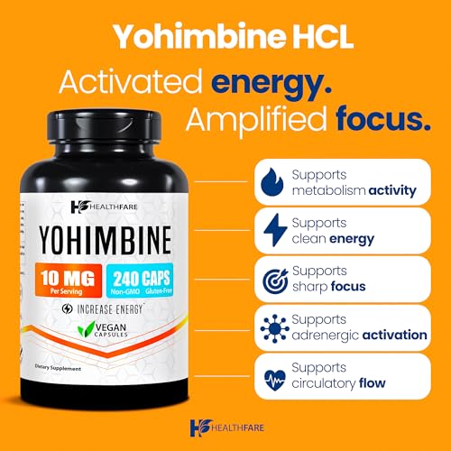 healthfare yohimbine hcl 10mg  240 vegan capsules  maximum strength formula  non-gmo amp gluten-free  made in usa