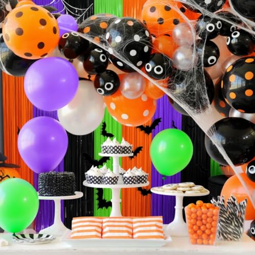 Image of 4 Packs Halloween Foil Fringe Curtain, Orange Black Purple and Green Metallic Tinsel Backdrop for Birthday, Baby Shower, Bachelorette, Halloween Party Decorations Favors Supplies Indoor Outdoor
