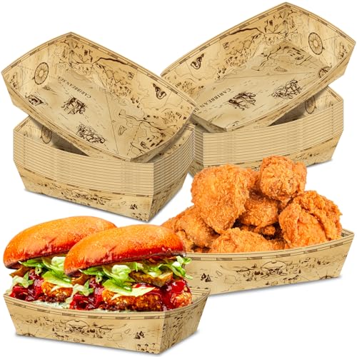 No Folding Required 50 Pack 2Lb Pirate Party Decorations Pirate Plates Birthday Paper Food Serving Trays Snack Boats Treasure Map Pirate Party Bowls Disposable for Nautical Themed Decorations Supplies