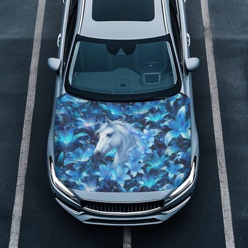 Image of Car Hood Cover Protector, an All-Weather White Horse Print Half Car Cover for Sunshade and Snow Protection, Suitable for All Seasons