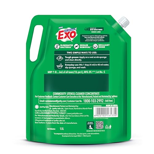 Image of Exo Anti-Bacterial Liquid Dishwash Gel - 1.5L Value Pack | Anti-Bacterial Formula with Neem & Lime for Sparkling Clean Utensils | Powered with Bio Enzymes for Tough Grease Removal & Brilliant Shine
