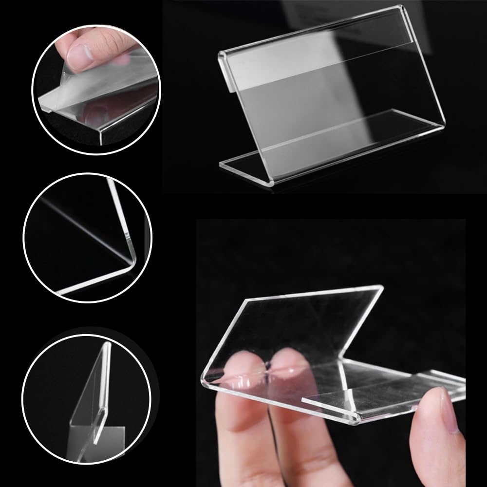40 Pcs Porta Etichette in Acrilico Trasparente, 6x4 cm Mini Porta Etichette Prezzo da Tavolo per Negozio, Supporto per Etichette e Cartellini Prezzo, Accessori per Esposizione