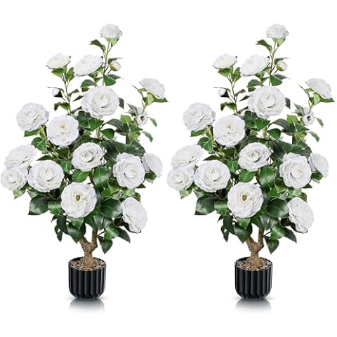 2 PCS Artificial Camellia Trees in Pot White Fake Flowers Trees Outdoor Faux Potted Tree with 24 Blooming Camellia Topiary Greenery Plant for Porch Front Door Indoor Cover