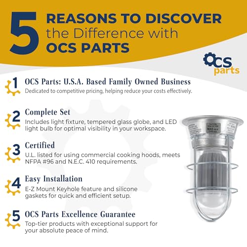 Image of OCS Parts Commercial Kitchen Canopy Hood and Walk-in Refrigeration Lighting | Light Fixture, Globe, LED Light Bulb, and Wire Guard (Fixture + Bulb + Wire Guard)