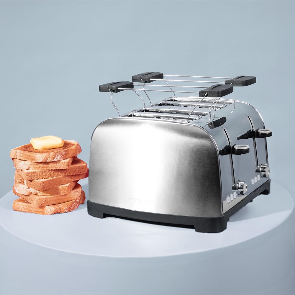 Cecotec Toster Pionowy 4 Gniazda Krótkie Toastin' time 1700 Double Inox. 1700 W, 4 kromki chleba, szerokie gniazdo 3,8 cm, 2 stojaki na bułki i tacę do zbierania, stal nierdzewna