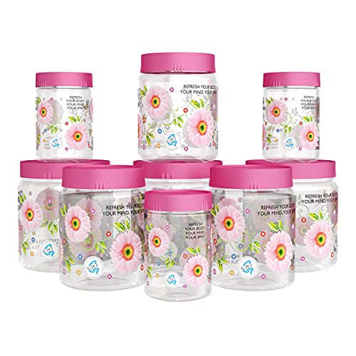 GPET Print Magic Container Pink Pack of 9-1500ml (3 pcs), 1000ml (3 pcs), 450ml (3 pcs) Plastic Grocery Container | Home Kitchen Container | Plastic Jar Set