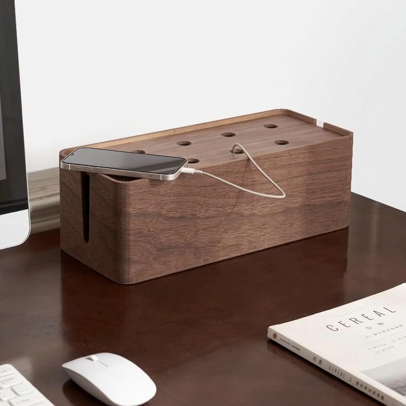 VIGAN 1 organizador de cables de mesa de madera maciza, caja de conexiones de madera maciza, caja de almacenamiento, soporte de clip de escritorio para caja de TV (L: 38 x 15 x 13 cm, café oscuro)