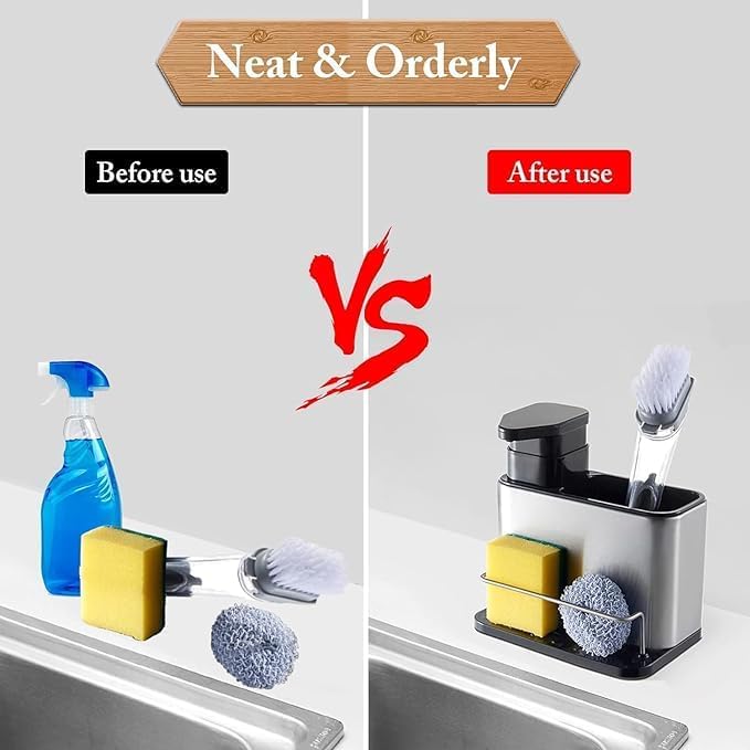 Feinerman Multifunctional 3-in-1 Kitchen Sink Caddy Organizer with Soap Dispenser, Sponge and Brush Holder, Rustproof Stainless Steel Tray Rack for Countertop Storage and Dishwashing Essentials 3