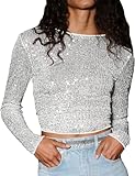 Siyova Women Long Sleeve Sequin Tops Casual Party Shimmer Embellished Shirt Slim Fit Basic Top Blouse Pullover Club Streetwear (Silver, S)