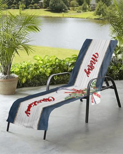 Christmas Anchor Beach Chair Towel Covers for Chaise Lounge with Side Pocket, Soft Plush Pool Towels Cover for Patio Sunbathing Outdoor 29''x85'' Nautical Luxurious Berry