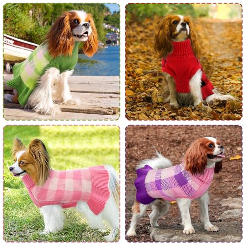 Dog Sweater Dress Plaid Knitwear for Small Medium Dogs Warm Puppy Pet Turtleneck Stretch Pullover Cute Fall Winter Vest Clothes with Leash Hole for Christmas (Pink, 2XS) - Image 7
