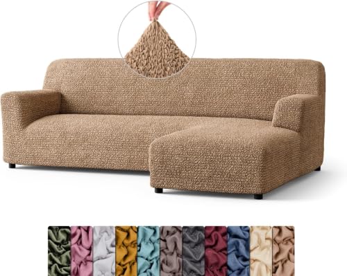 Image of Bellissima Sofa Covers - Premium Luxury Microfibra Plain Stretchable Sofa Cover Fully Covered Slipcover, Imported from Italy (Cappuccino, L Shape Right-UN)