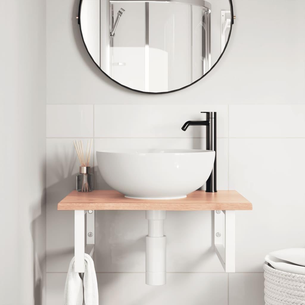 Waschtischplatte Eiche 60x50 cm mit Stahlhalterung Weiss | Platzsparende Konsole aus echtem Holz für das Badezimmer, inklusive zwei robusten Wandhalterungen aus Stahl.