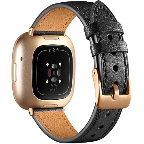 Maledan Leather Band Compatible with Fitbit Versa 3/Fitbit Sense Bands Women Men, Soft Top Grain Genuine Replacement Wristbands Strap Accessories for Fitbit Sense/Sense 2/Versa 3/Versa 4 Watch, Black