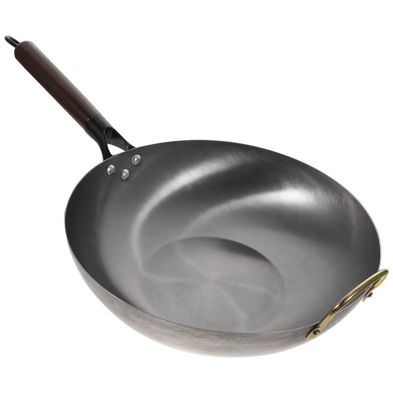 Wok Chino Grande de Hierro Fondo Liso y Mango Negro | Acabado Antiadherente, Apto para Hiking y Bbq, Pieza de Cocina Detalles en Madera