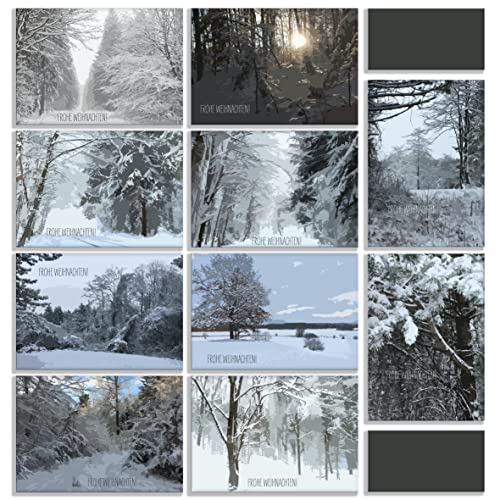 YOU DECIDE MUNICH Weihnachtskarten Set mit Text auf allen Postkarten: FROHE WEIHNACHTEN Winter-Landschaft Schnee 10 Natur Motive künstlerische Grußkarten Geschenk Cover