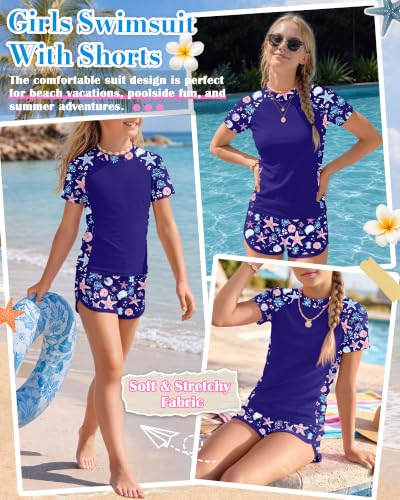 Image of Xaatren Girls 2 Piece Rash Guard Swimsuit | Quick Dry Bathing Suits, Short Sleeve Floral Beach Swimwear, Summer Tee and Boyshort Sets, Protection, Hawaiian, 7-16 Year