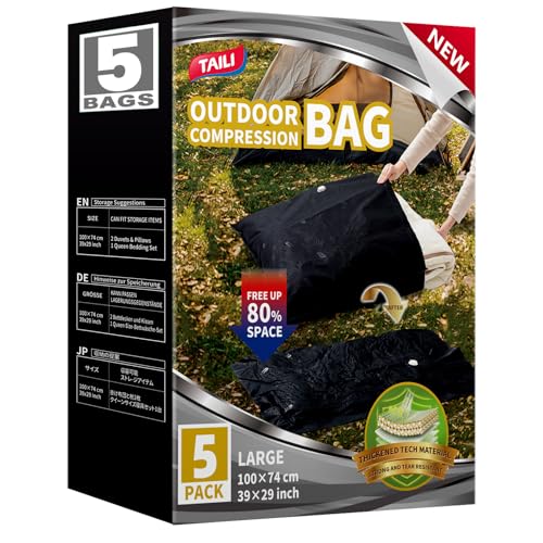 TAILI 5 Pack Outdoor Vacuum Storage Bags, Travel Compression Bags (39x29 inch), Tear-Proof Vacuum Seal for Camping, Cushion, Clothing, Waterproof, Wearproof, Punctureproof