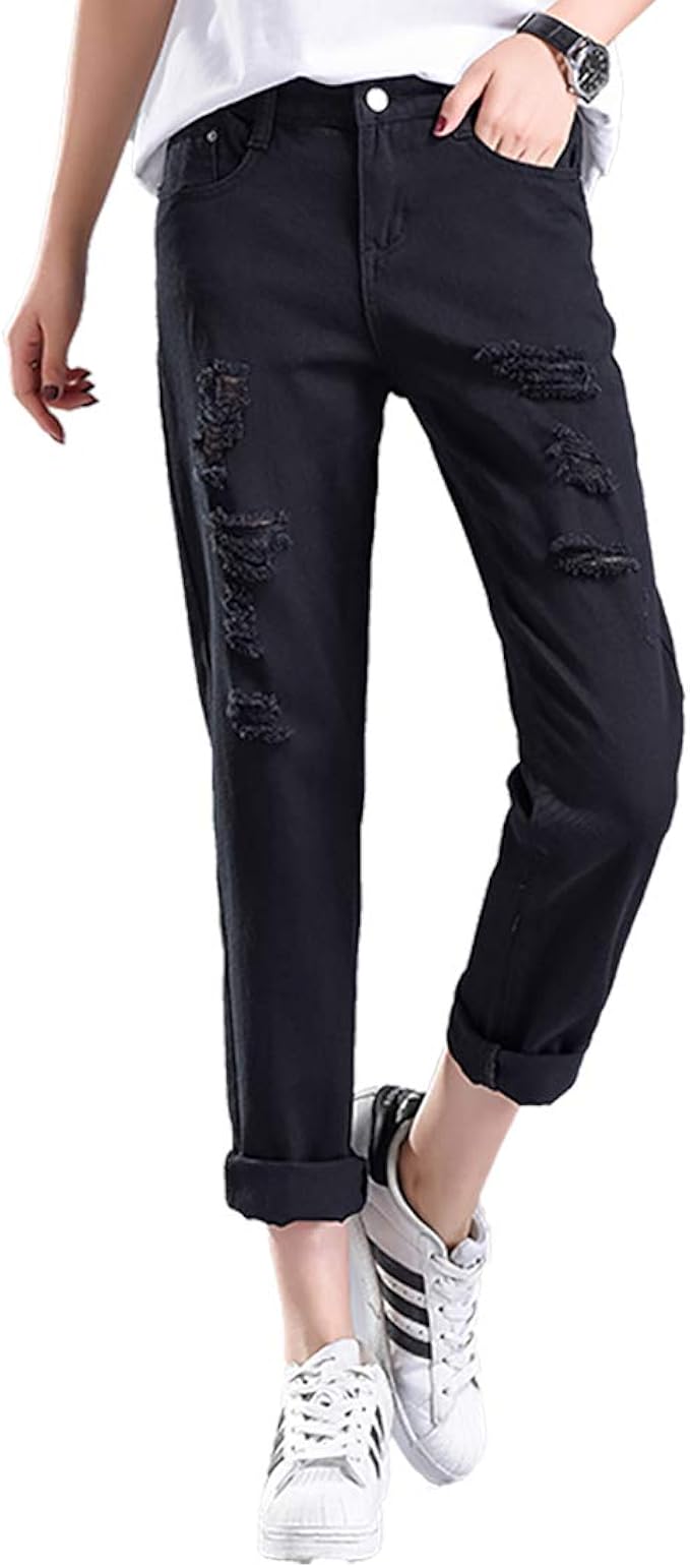 Amazon Golwis テーパードデニム 無地 ロールアップ ダメージ加工 9分丈 ストレッチなし ゆったり きれいめ ボトムス パンツ ジーンズ ヴィンテージ風 春 夏 レディース Bottoms0006 ジーンズ 通販