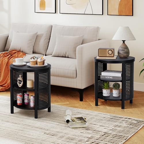 Image of 17 inch Black Round Side Table with Iron Rattan, Modern Unique Round Wood Nightstand Set of 2, 3-Tier Small Bedside End Table for Living Room, Bedroom (Black)
