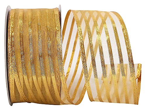 Image of Metallic Gold Striped Wedding Ribbon - 2 1 /2 inch x 10 Yards, Wired Edge, Wreath, Wedding, Gift Wrapping, Garland, Anniversary, Reception, Fall, Thanksgiving, Christmas, Mardi Gras